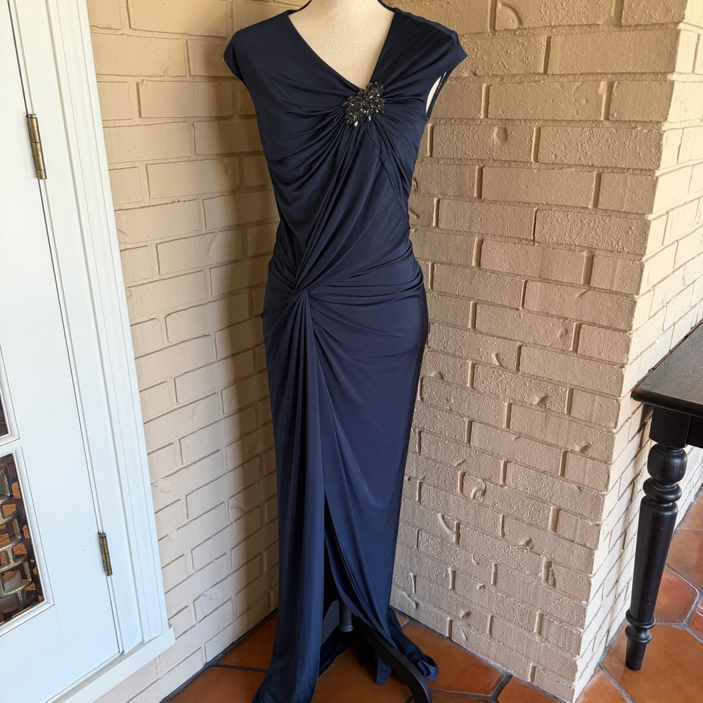 Tadashi Shoji Navy Formal Gown Dress Full Length Cinched Slit Jeweled Stretch M